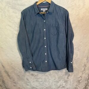 Tommy Bahama Womens Blue Chambray Shirt Flamingo Palm Tree Sunset Embroidered‎ M